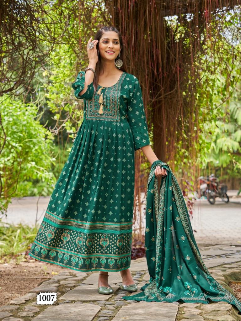 Beautiful designer Rayon Foil Printed Kurtis With Dupatta Set