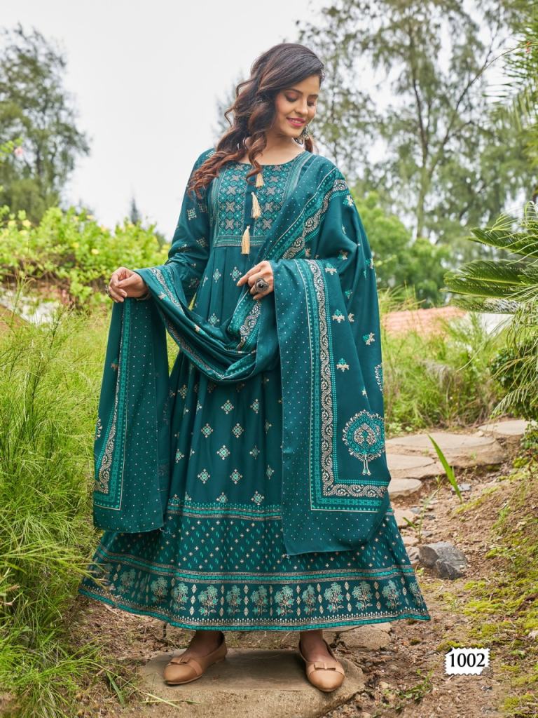 Beautiful designer Rayon Foil Printed Kurtis With Dupatta Set