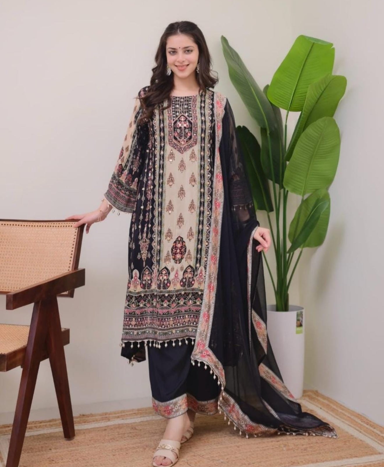 Beautiful designer black MUSLIN DIGITAL PRINT PLAZO SUIT SET