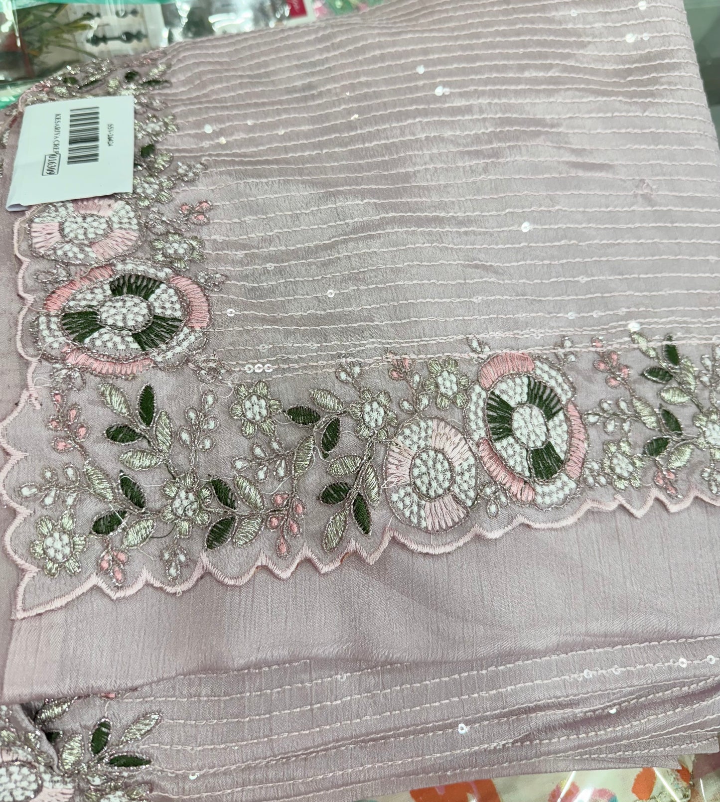 Beautiful white crepe silk sequins work saree