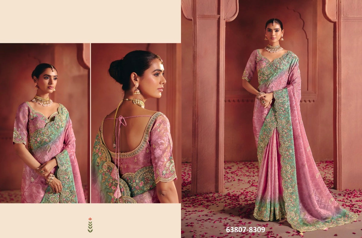 Beautiful designer Pink Wedding Wear Silk Fabric Embroidered Saree