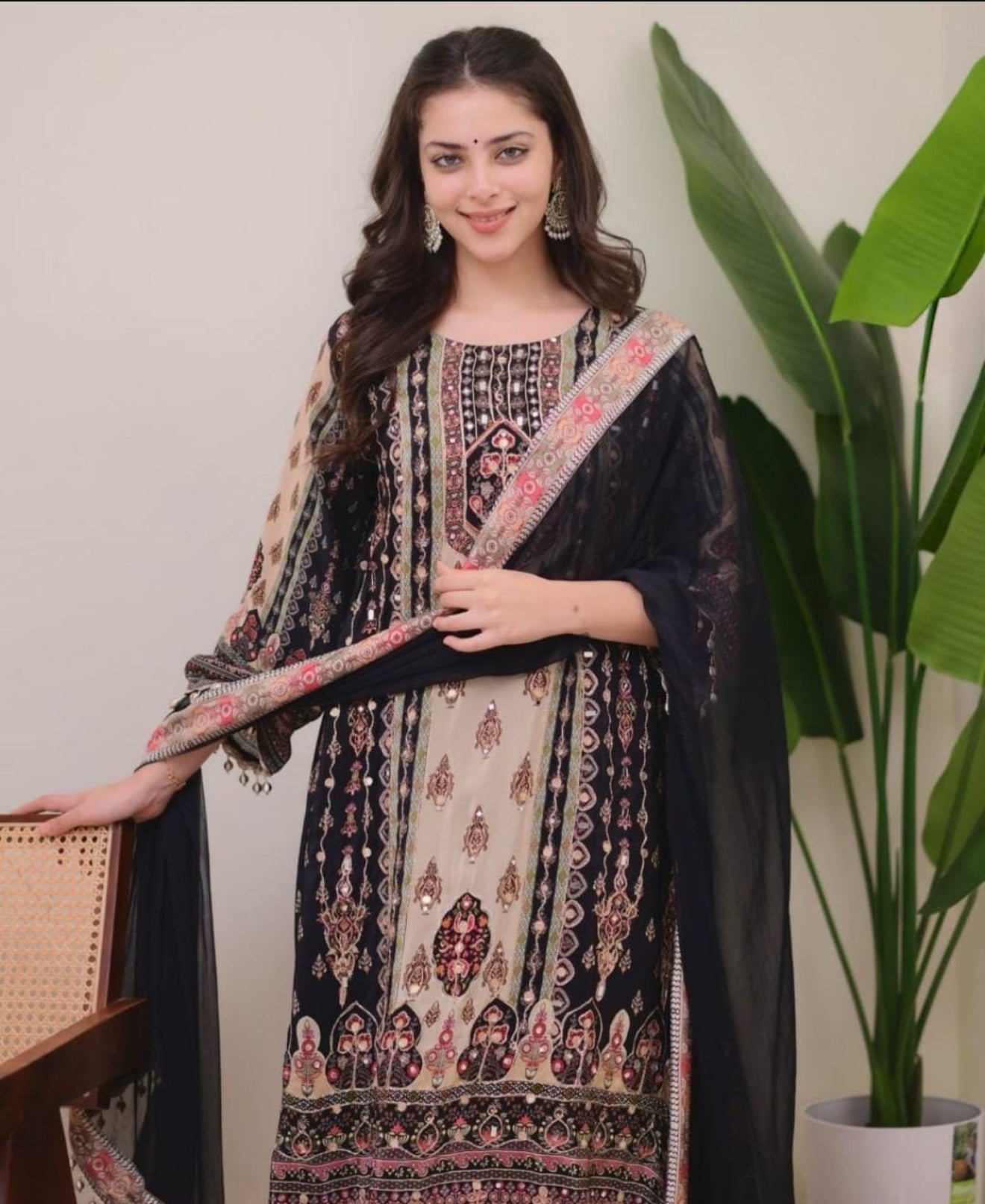 Beautiful designer black MUSLIN DIGITAL PRINT PLAZO SUIT SET