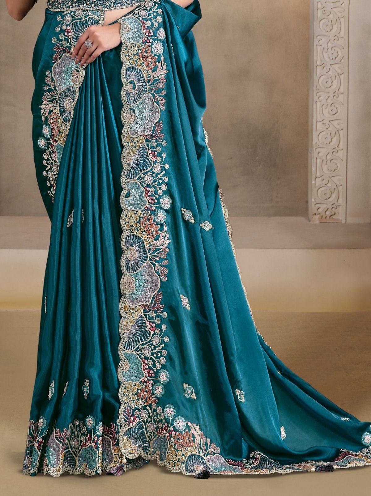 Beautiful designer Teal Blue Crush Satin Silk Saree With Pearl Work