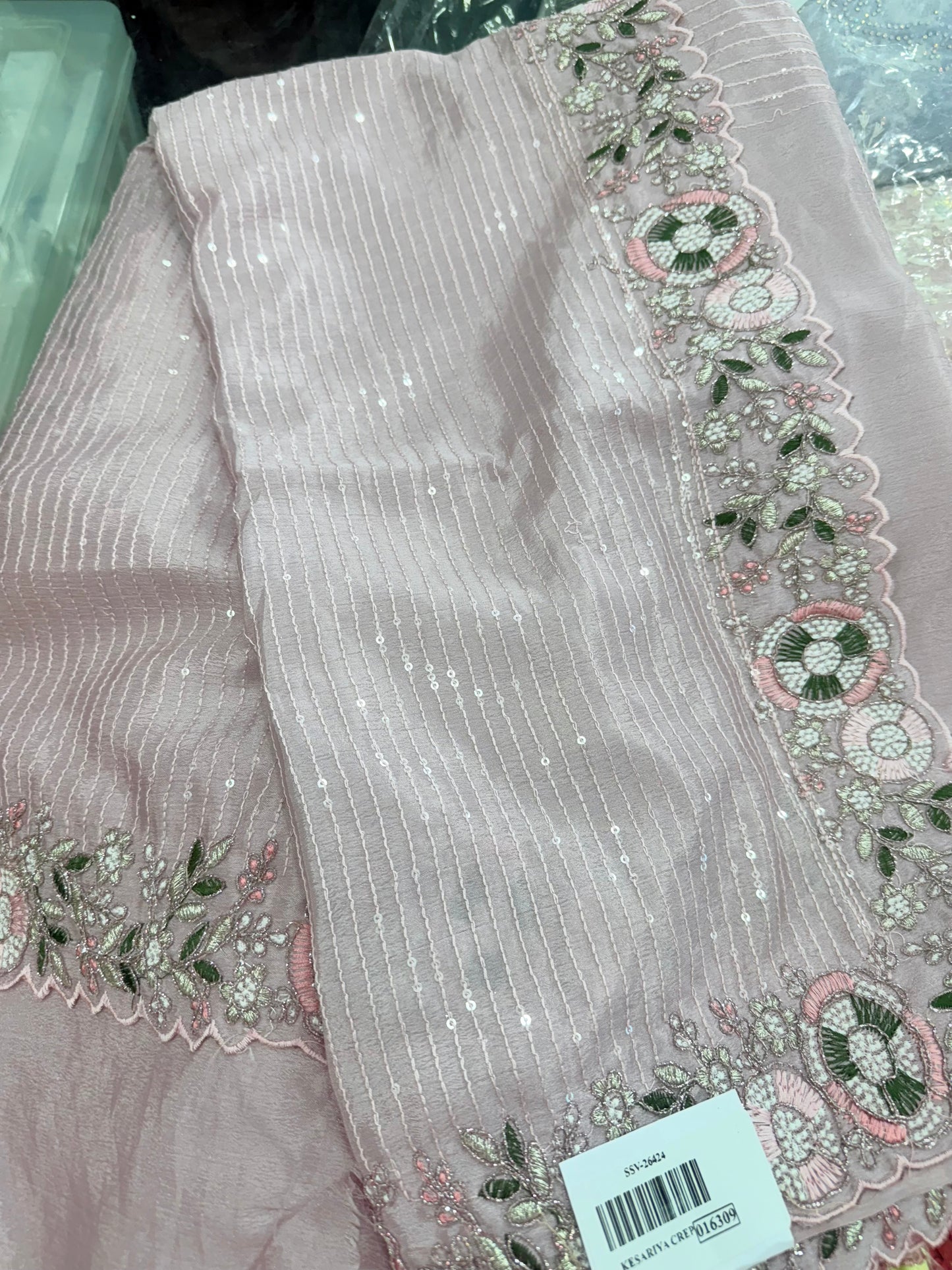 Beautiful white crepe silk sequins work saree