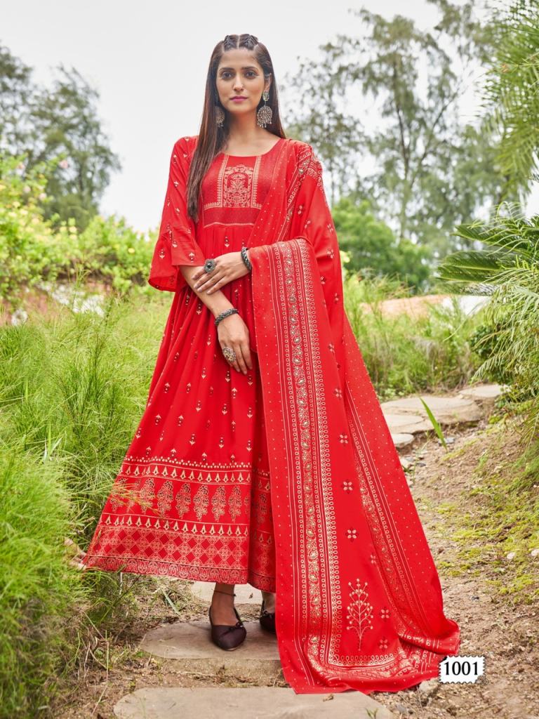 Beautiful designer Rayon Foil Printed Kurtis With Dupatta Set