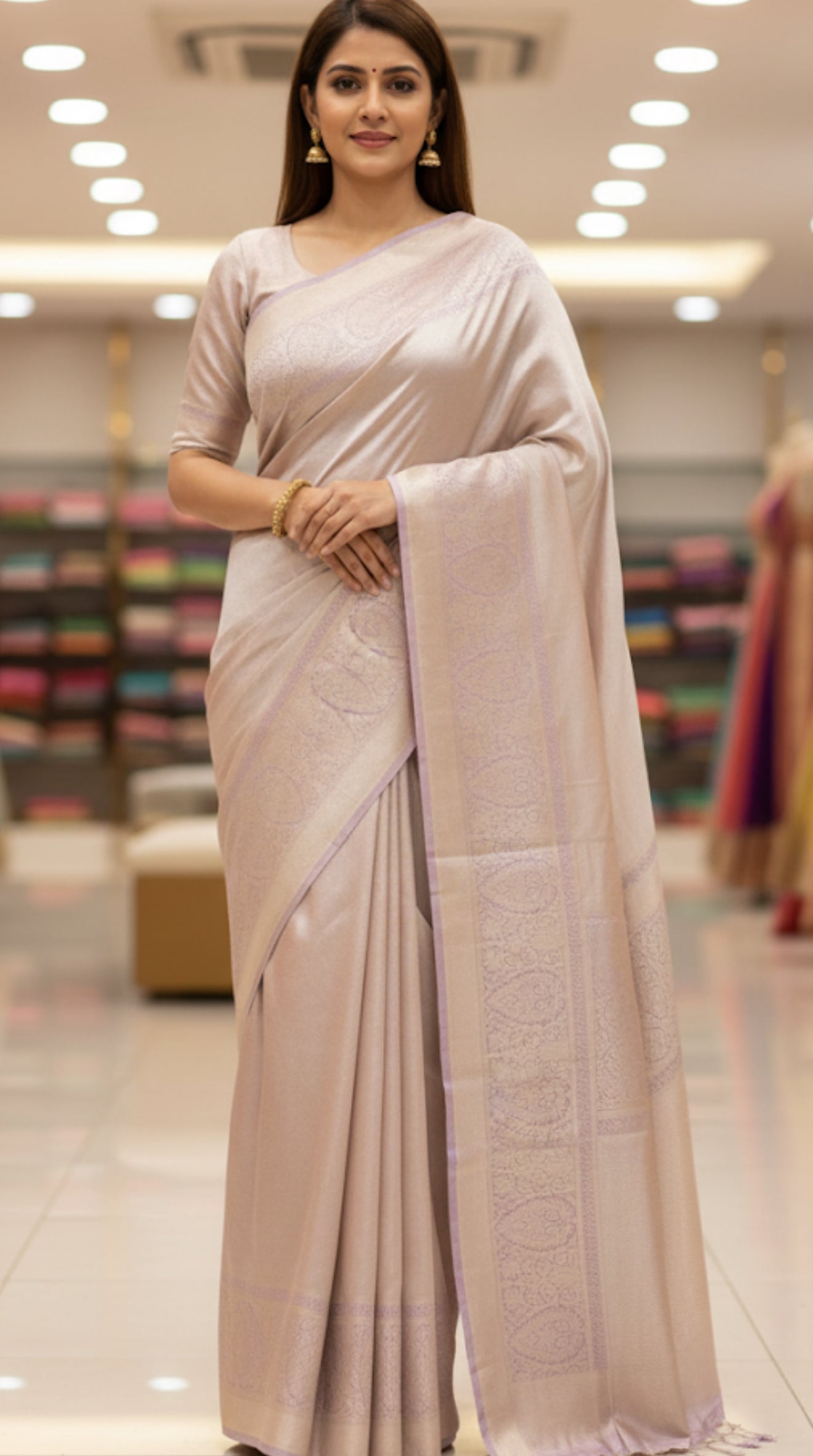 Beautiful Pure kanchipuram tissue silk saree pastel lavender shade with allover silver zari woven brocade weaves and silver zari woven border