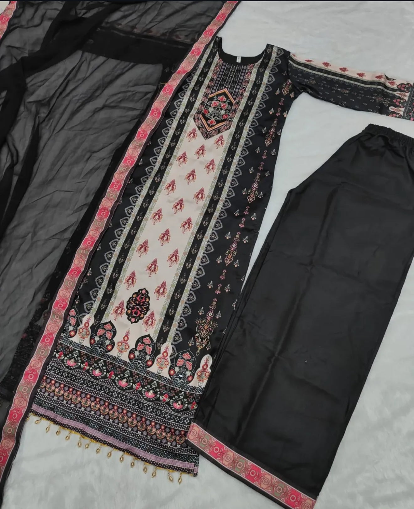 Beautiful designer black MUSLIN DIGITAL PRINT PLAZO SUIT SET