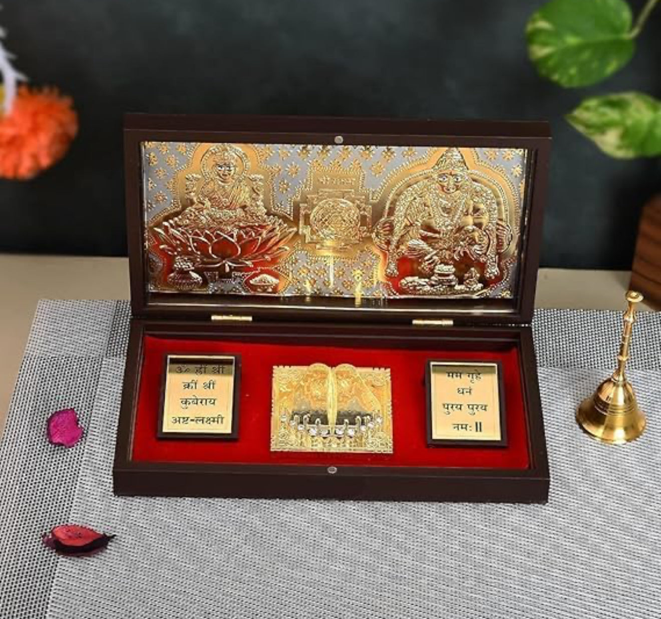 Beautiful Gold Plated Shree Dhan Laxmi Kuber Charan Paduka Yantra | Devotional Prayer Box | Wooden Momento Decorative Showpiece Box Packing| Diwali Gifting Charan Paduka (Shree Dhan Laxmi Kuber)