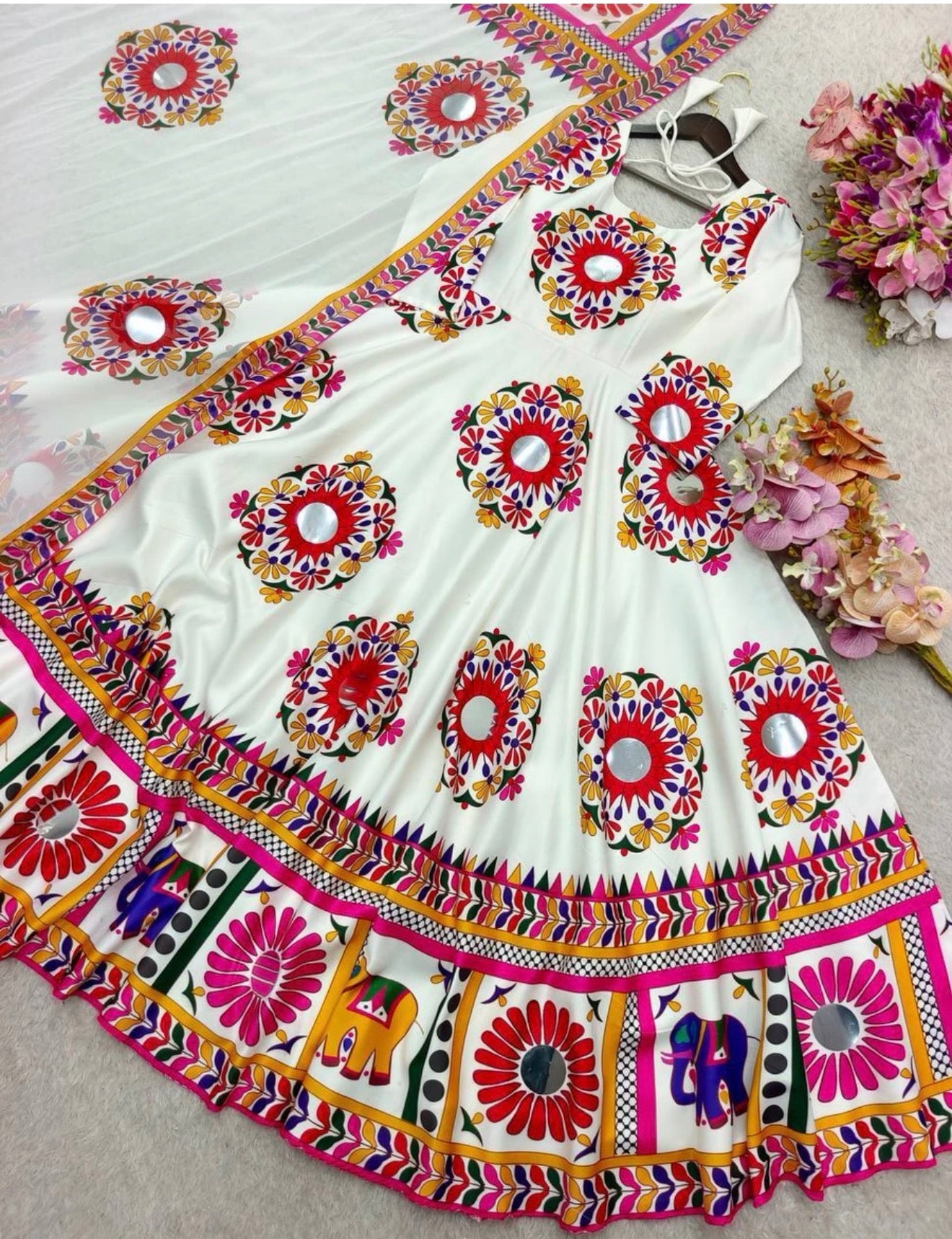 Beautiful designer Moss Satin Anarkali Gown With Hand Mirror Embroidery