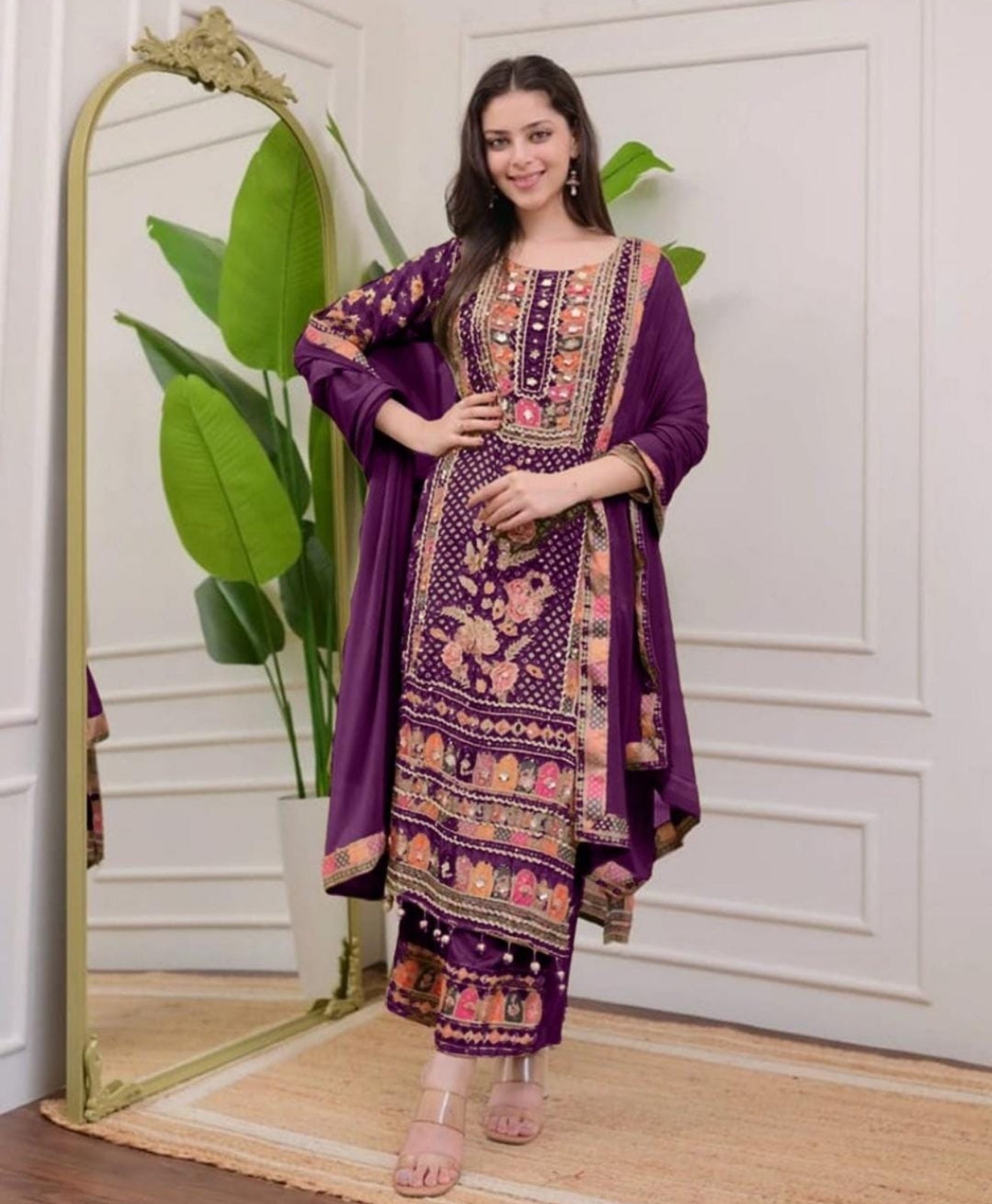 Beautiful designer purple MUSLIN DIGITAL PRINT PLAZO SUIT SET