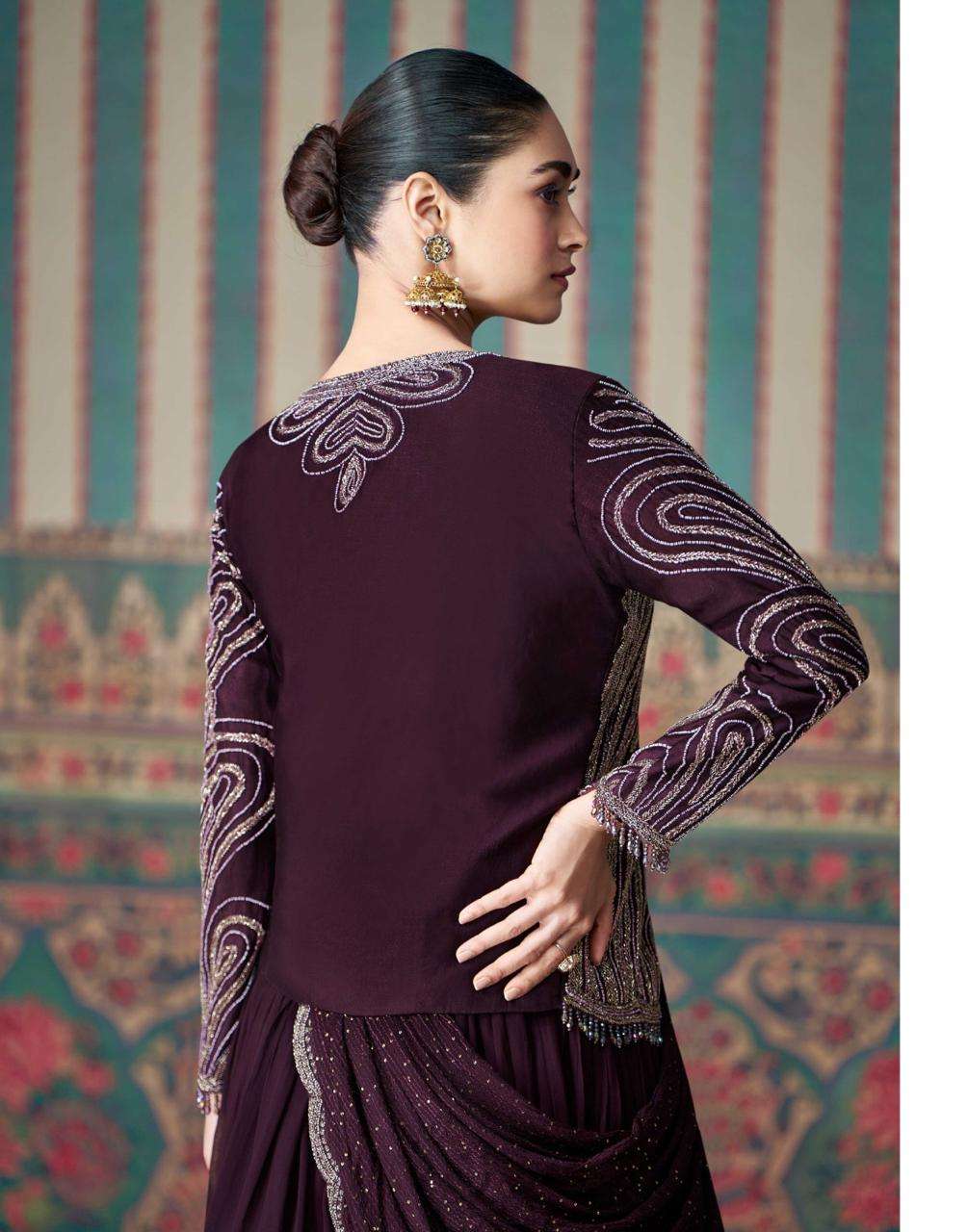 Beautiful designer wine Embroidered Silk Anarkali Gown with Asymmetrical saree Draping