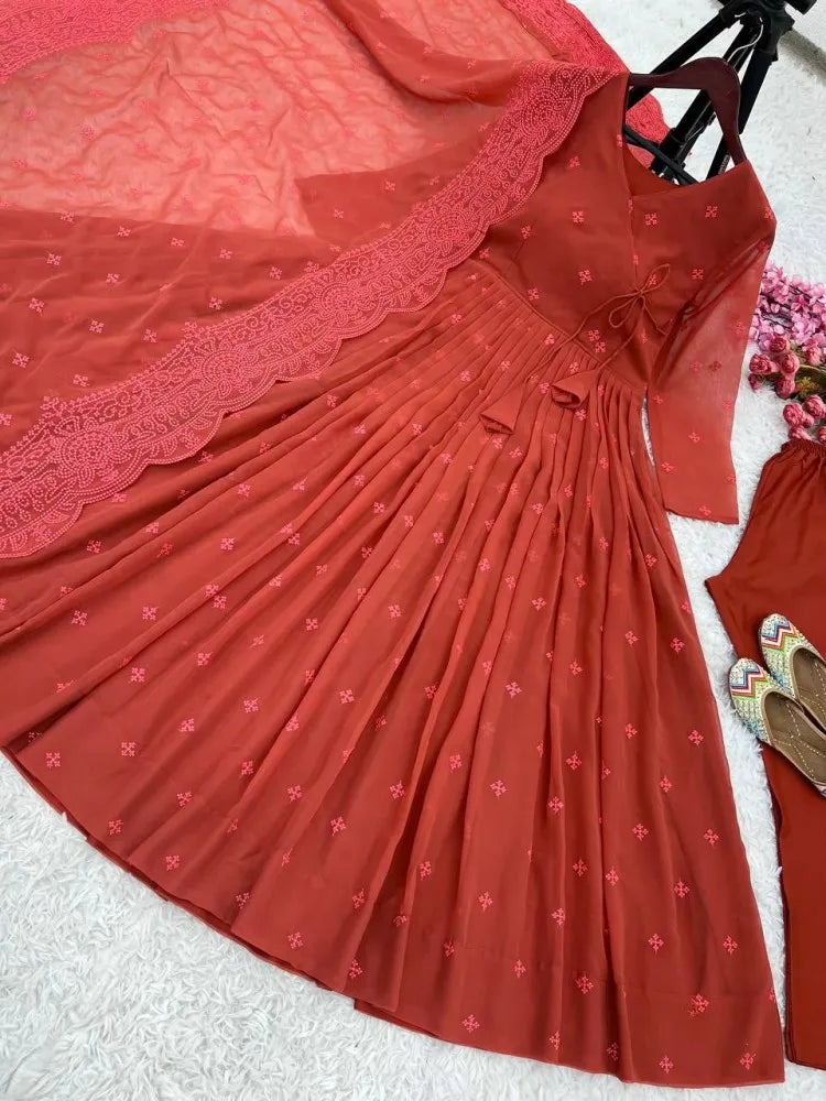 Beautiful designer Dusty Red Georgette Anarkali Suit With Embroidery Work and Dupatta