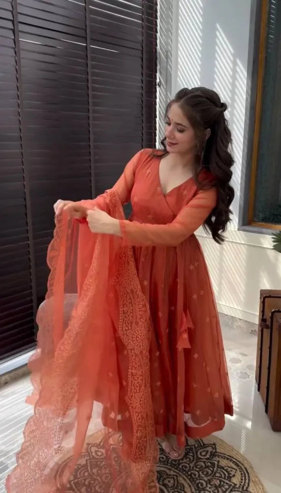Beautiful designer Dusty Red Georgette Anarkali Suit With Embroidery Work and Dupatta