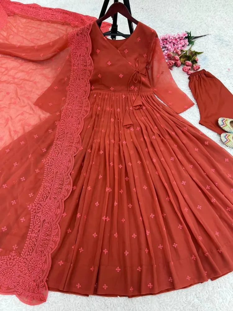 Beautiful designer Dusty Red Georgette Anarkali Suit With Embroidery Work and Dupatta