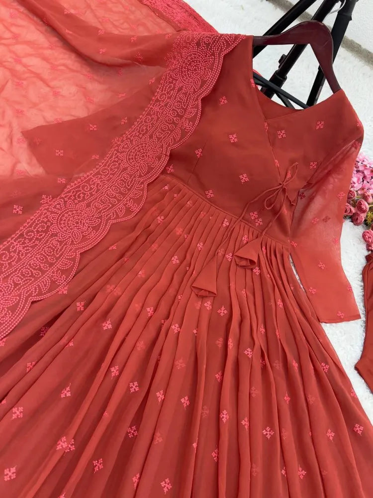 Beautiful designer Dusty Red Georgette Anarkali Suit With Embroidery Work and Dupatta