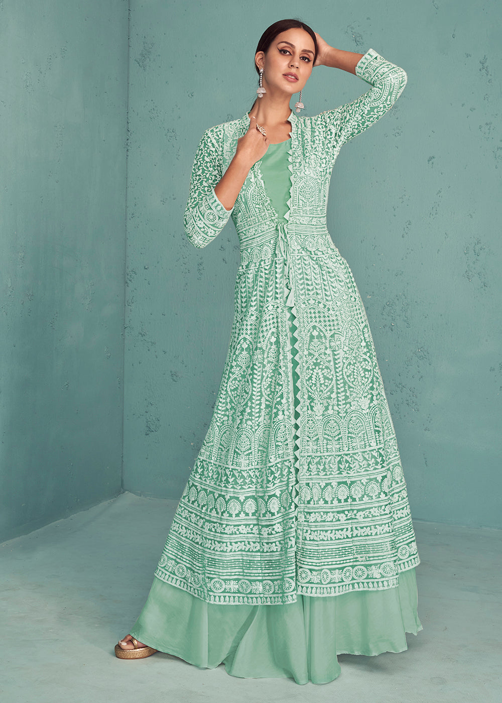 Beautiful designer readymade anarkali suit with shrug/jacket