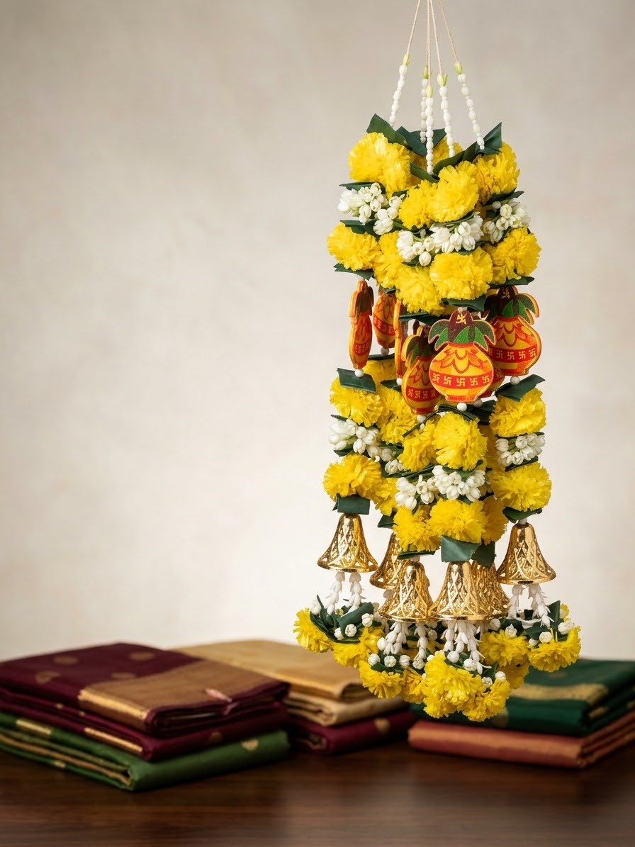Marigold Artificial Garland With Bell Tube rose Tassels -Fluffy Flower Strings for Pooja, Door,Wedding, Diwali, Christmas Festive Home Décor