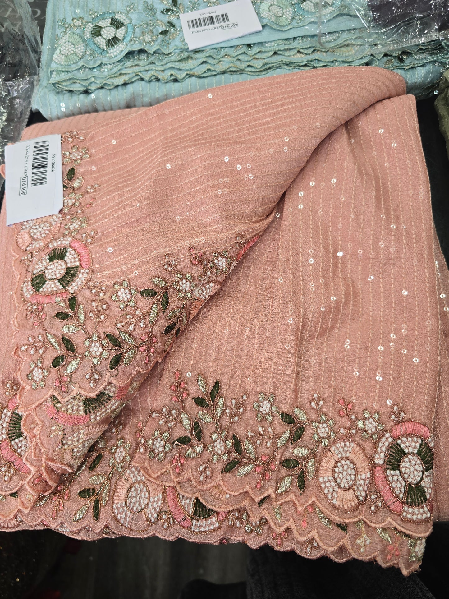 Beautiful white crepe silk sequins work saree