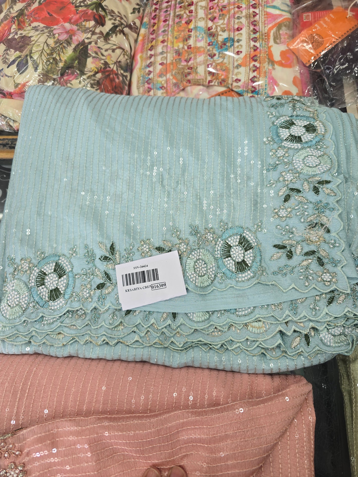Beautiful white crepe silk sequins work saree