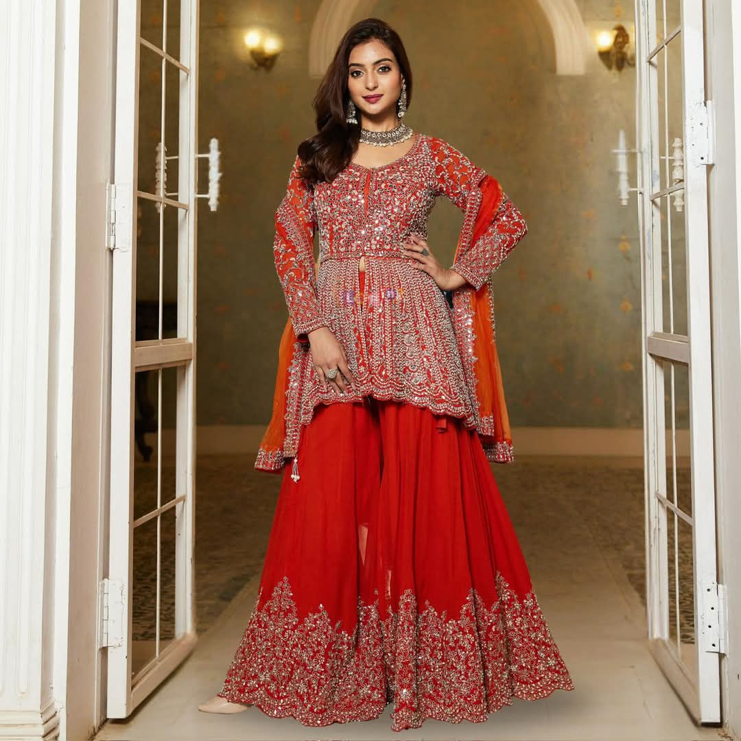 Beautiful designer high low front open plazo suit with mirrors work