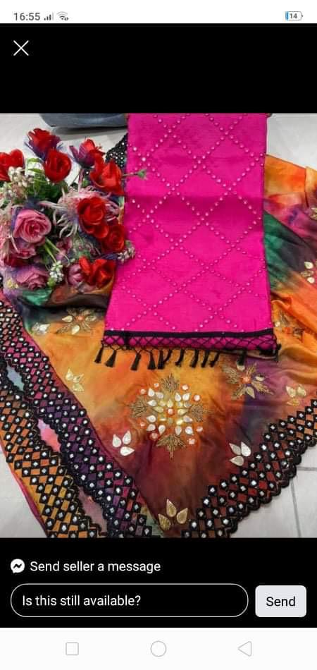 Beautiful designer unstitched suit with floral duppatta and gota work