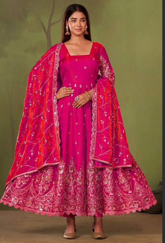 Beautiful designer Fandy Silk Embroidered Gown Set With Dupatta And Pant For Women