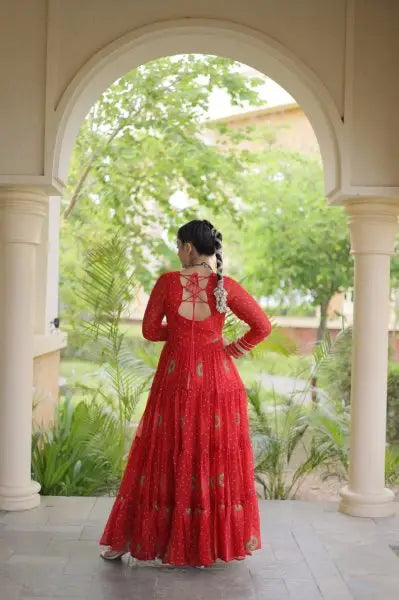 Beautiful Trendy Bandhani Print Faux Georgette Maxi Gown With Full Sleeves For Navrati