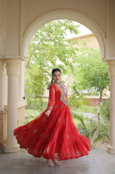 Beautiful Trendy Bandhani Print Faux Georgette Maxi Gown With Full Sleeves For Navrati