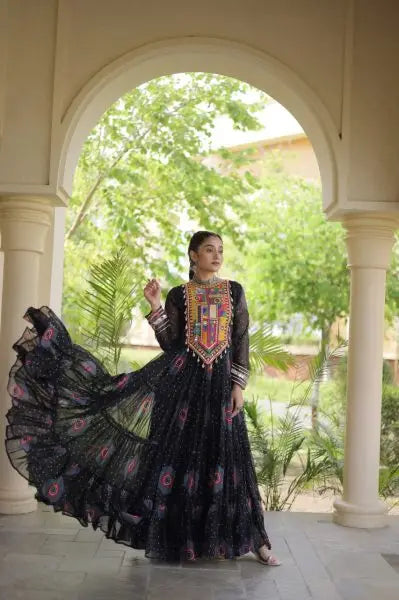 Beautiful Trendy Bandhani Print Faux Georgette Maxi Gown With Full Sleeves For Navrati