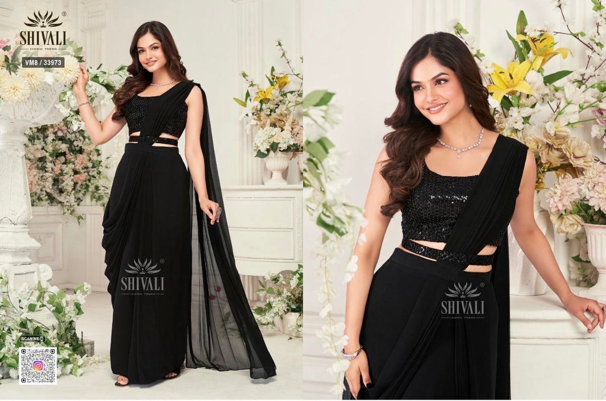 CLASSIC BLACK PRE-STITCHED SAREE WITH SEQUIN EMBELLISHED BLOUSE – CONTEMPORARY INDIAN PARTY & FESTIVE WEAR