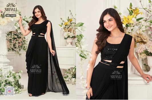 CLASSIC BLACK PRE-STITCHED SAREE SKIRT WITH SEQUIN EMBELLISHED BLOUSE – CONTEMPORARY INDIAN PARTY & FESTIVE WEAR