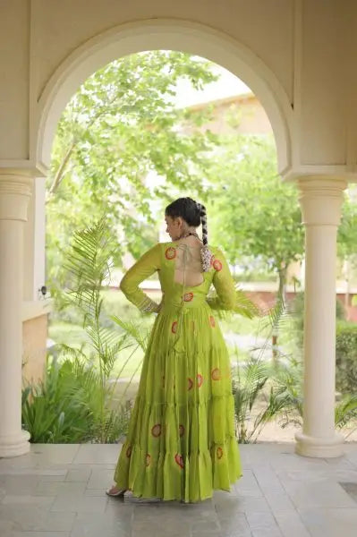 Beautiful Trendy Bandhani Print Faux Georgette Maxi Gown With Full Sleeves For Navrati