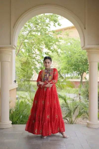 Beautiful Trendy Bandhani Print Faux Georgette Maxi Gown With Full Sleeves For Navrati