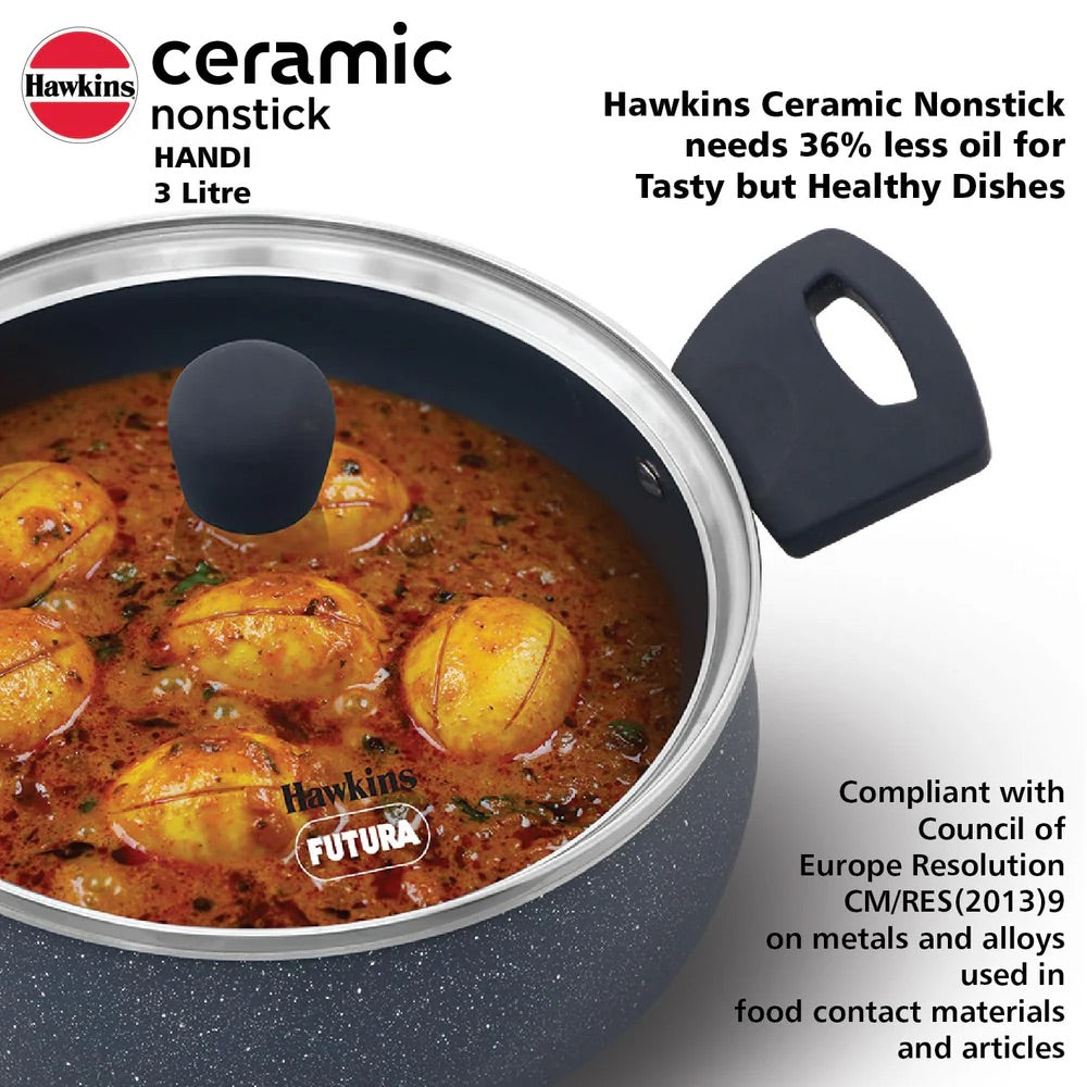 Hawkins Ceramic Nonstick Handi with Glass Lid | Biryani Pot | Gas & Induction Compatible | Grey