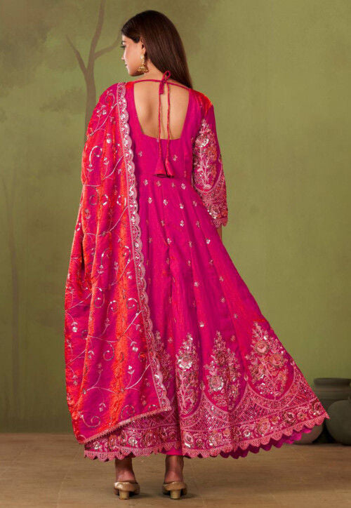 Beautiful designer Fandy Silk Embroidered Gown Set With Dupatta And Pant For Women