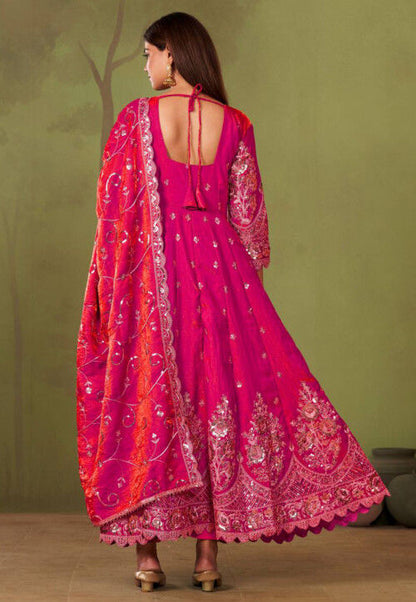 Beautiful designer Fandy Silk Embroidered Gown Set With Dupatta And Pant For Women