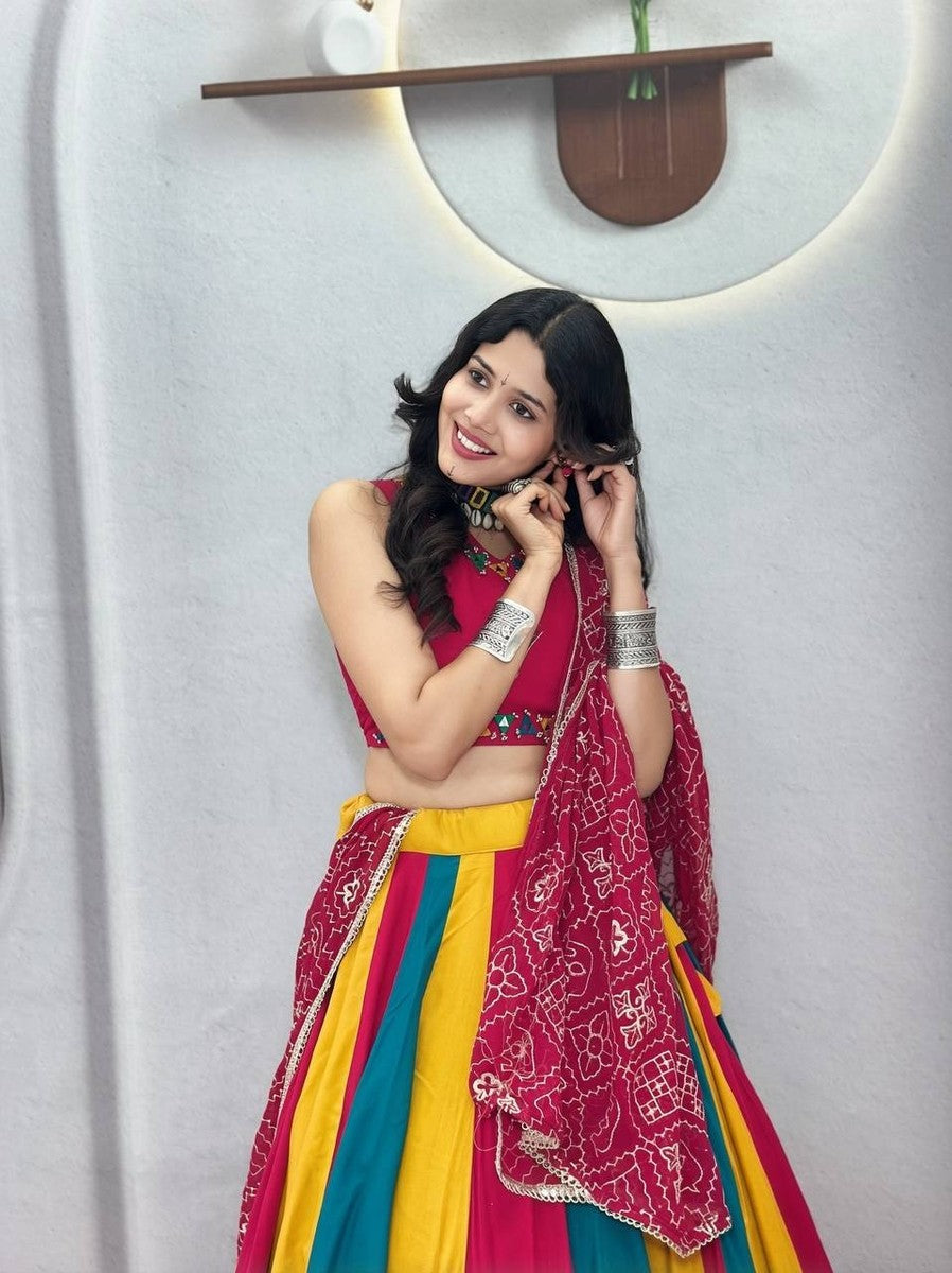 NEW Women Pure Cotton Multicolor Lehenga Choli Bandhani Dupatta Navratri Dress