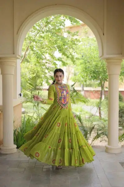 Beautiful Trendy Bandhani Print Faux Georgette Maxi Gown With Full Sleeves For Navrati