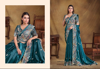 Beautiful designer Teal Blue Crush Satin Silk Saree With Pearl Work