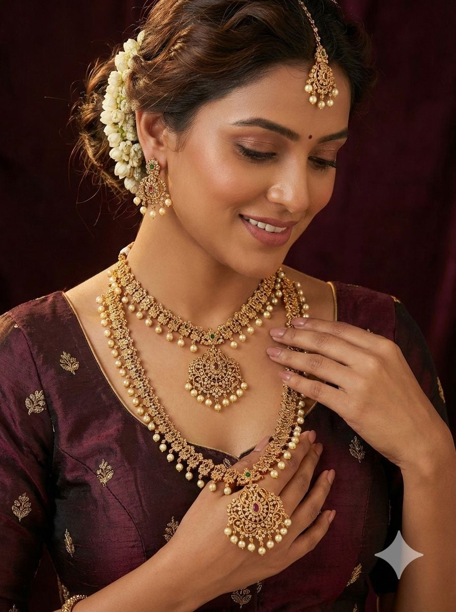 Beautiful designer American diamond set of 2 necklace set with matching earrings & bindi