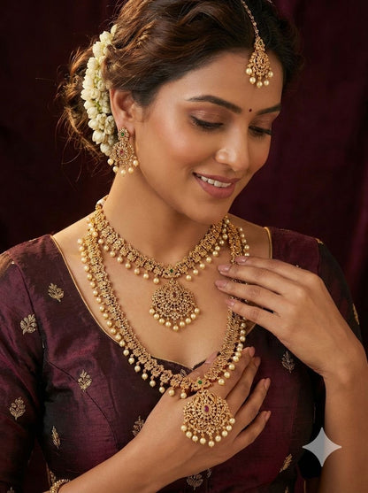 Beautiful designer American diamond set of 2 necklace set with matching earrings & bindi