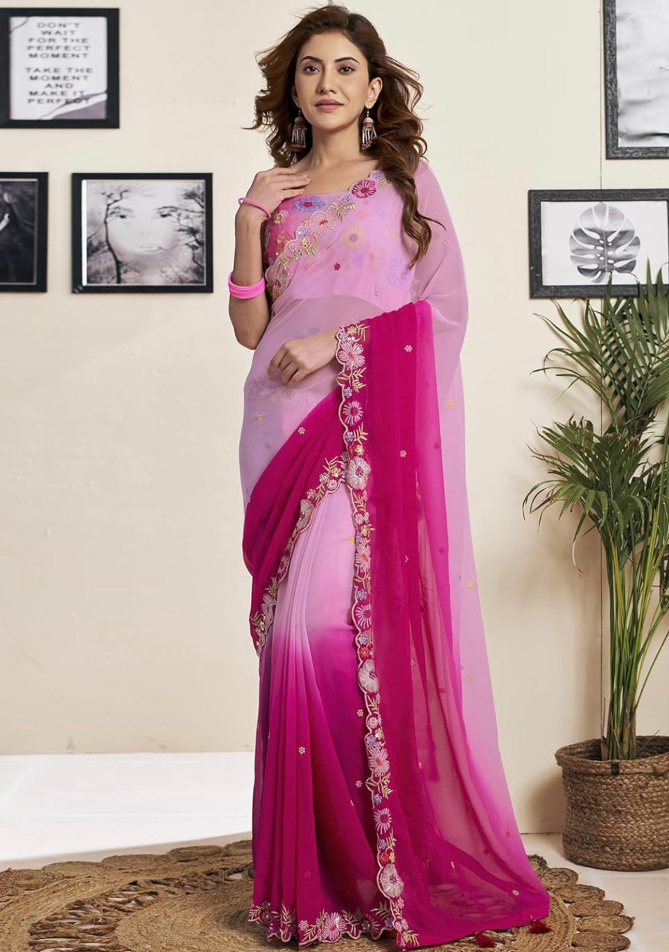 Women's Multicolor Georgette Embroidered Saree with Unstitched Blouse