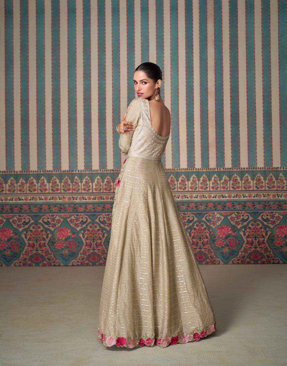 Beautiful designer Beige Brown Floral Embroidered Silk Anarkali Suit