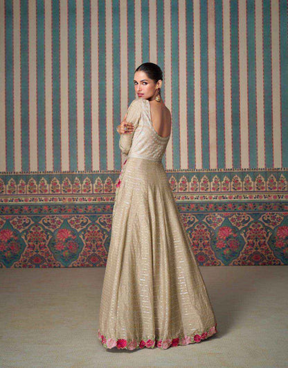 Beautiful designer Beige Brown Floral Embroidered Silk Anarkali Suit