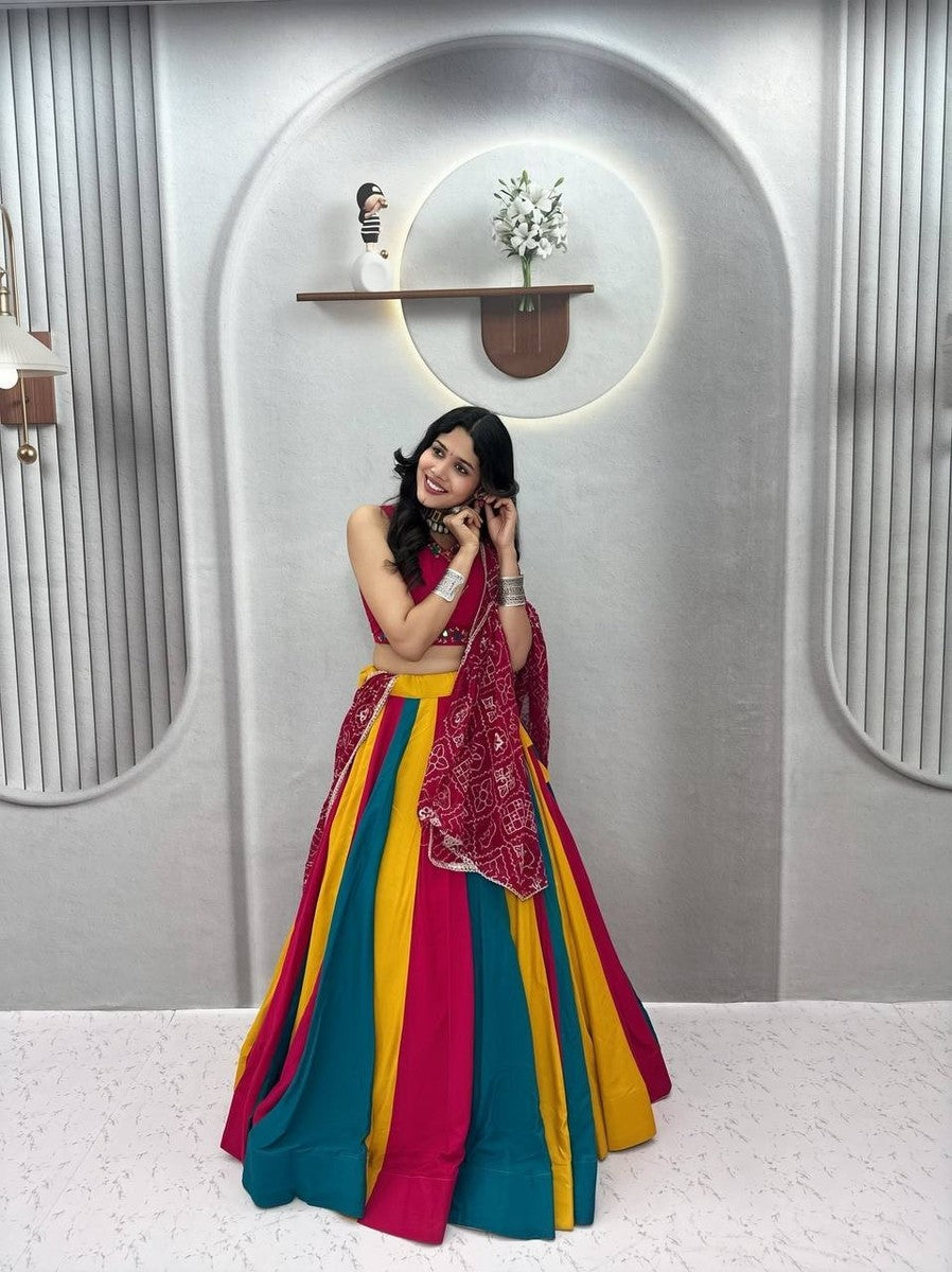 NEW Women Pure Cotton Multicolor Lehenga Choli Bandhani Dupatta Navratri Dress