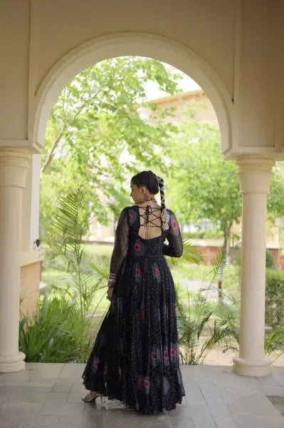 Beautiful Trendy Bandhani Print Faux Georgette Maxi Gown With Full Sleeves For Navrati