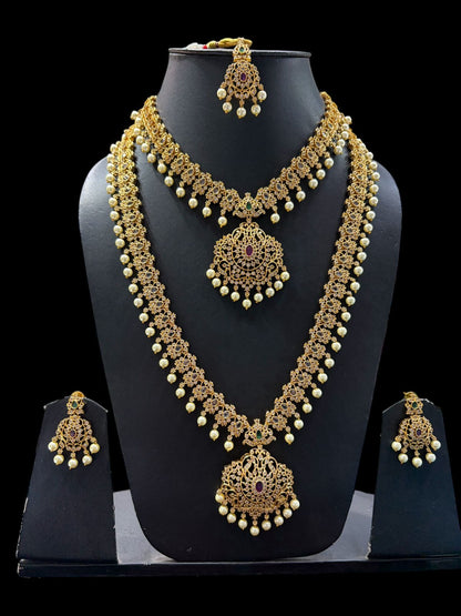 Beautiful designer American diamond set of 2 necklace set with matching earrings & bindi