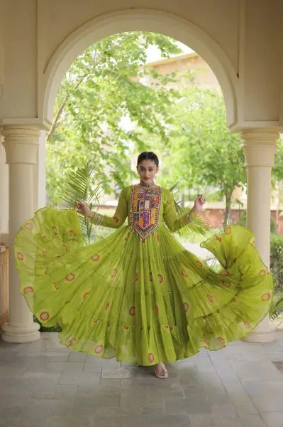 Beautiful Trendy Bandhani Print Faux Georgette Maxi Gown With Full Sleeves For Navrati