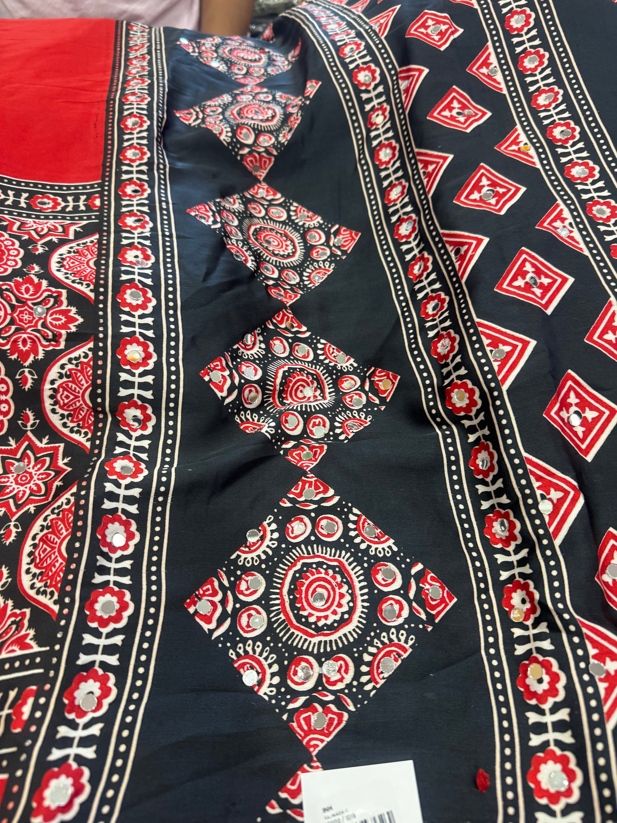 Beautiful designer Ajrakh Modal Silk Saree with Mirror Work & Pallu Tassels