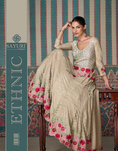 Beautiful designer Beige Brown Floral Embroidered Silk Anarkali Suit